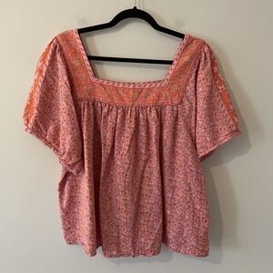 Lucky Brand Pink Floral Milkmaid Top Size XXL Boho Cottagecore Peasant Prairie